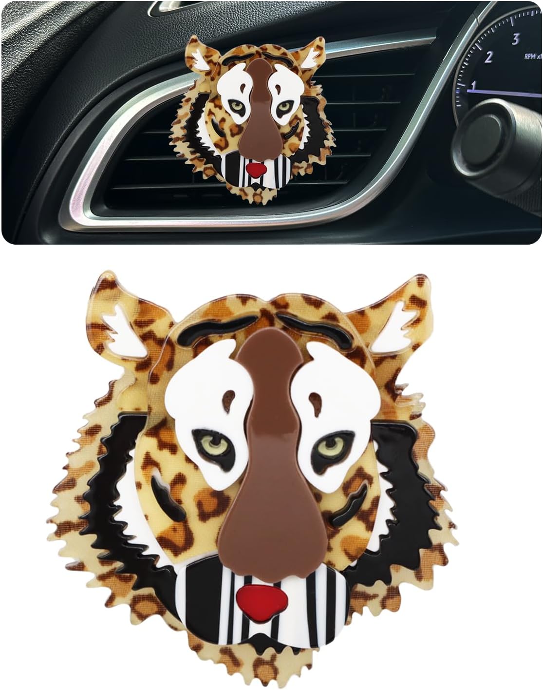 ORIESSE Cute Car Vent Clips,Acrylic Tiger Head Air Vent Clip Car Freshener,Anime Animal Dashboard Decor Accessories for Women,Refillable Clip On Diffuser