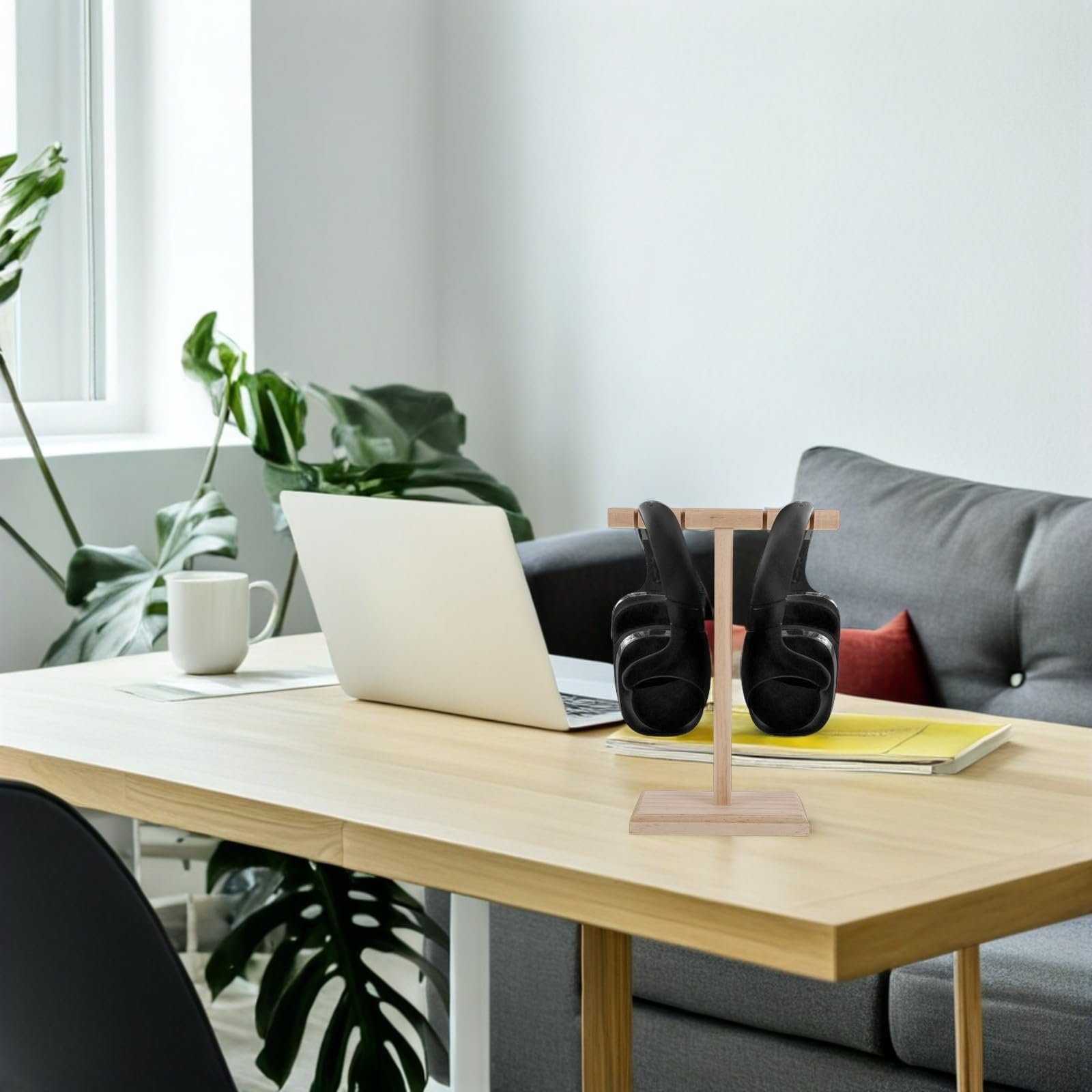 Soporte para Auriculares de Madera Maciza Beige Almacenamiento Versátil y Diseño Elegante para Escritorio y Oficina