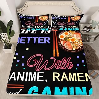 Feelyou Ramen Bed Sheet Set Twin, Japanese Ramen Fitted Sheet for Kids Food Theme Bedding Set Boys Girls Kids Ramen Bed Cover (1 Pillow Case and a Fitted Sheet)