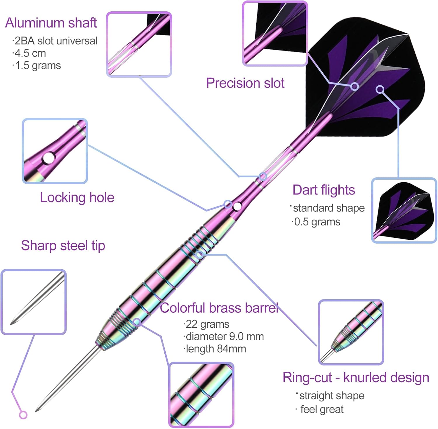 Steel Tip Darts Set for Dartboard, Professional Brass Darts Metal Tip Black Purple Aluminium Nylon Shafts 9 Flights 50 Rubber O-Rings 12 Spring Rings 1 Dart Sharpener Tool 24/27 Grams
