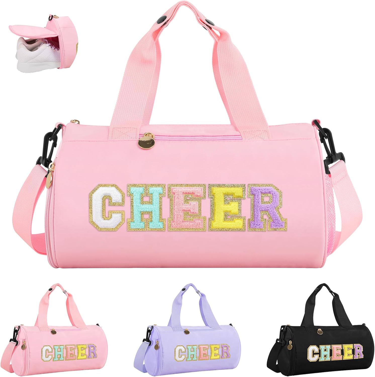 Cheer Bag with Shoes Compartment for Girls Cheerleader Gifts, Personalized Cheerleading Sport Gym Duffel Bags, Cute Chenille Letter Gymnastics Duffle Bag Cheer Gift for Teen Girl Athletes(Pink)