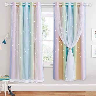 NICETOWN Rainbow Curtains for Kids - Star Cut Out Double Layer Blackout Curtains with Voile Thermal Privacy Protection for Nursery Bedroom Living Room, 2 Panels, W52 x L72 Inch (132x183 cm),Rainbow