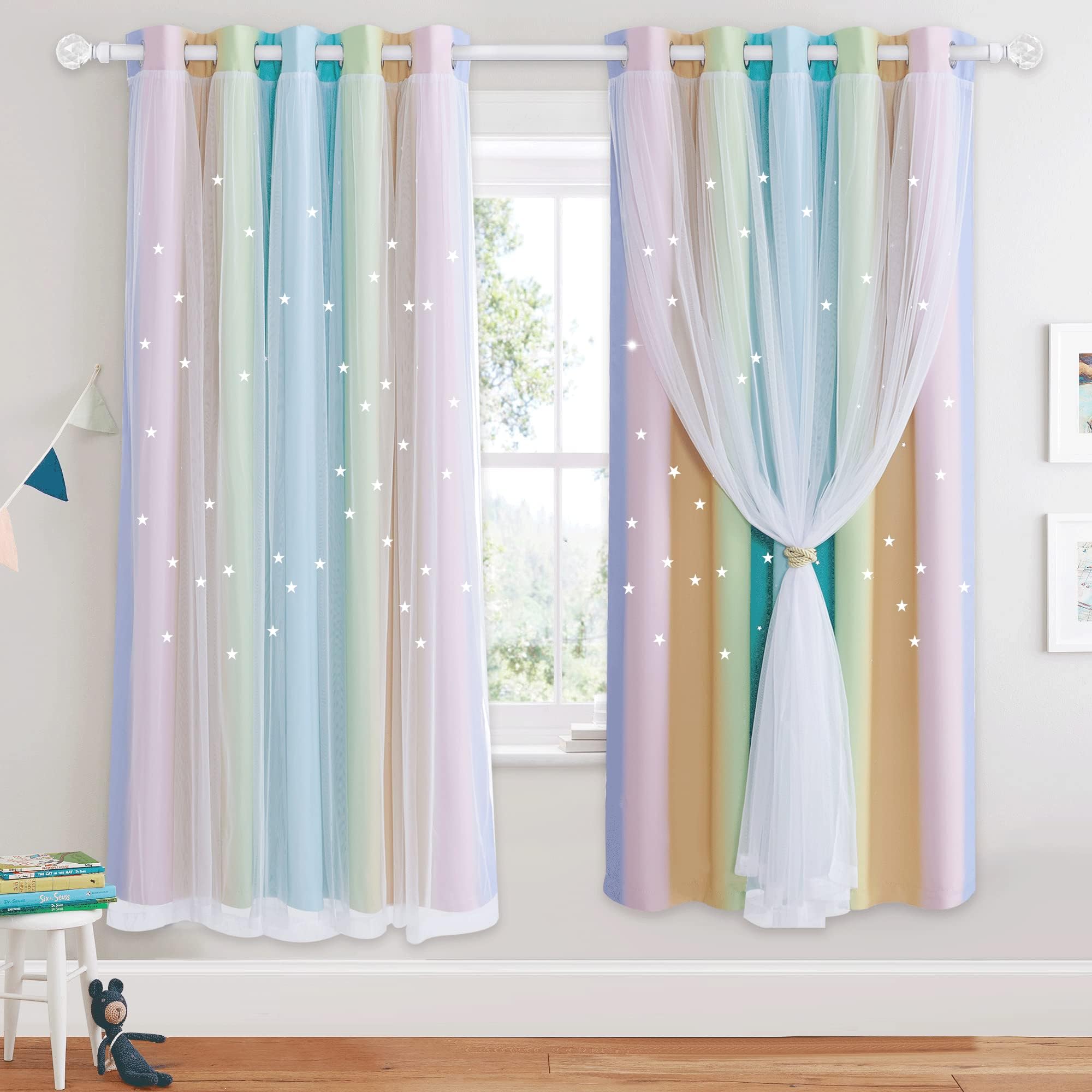NICETOWN Rainbow Curtains for Kids - Star Cut Out Double Layer Blackout Curtains with Voile Thermal Privacy Protection for Nursery Bedroom Living Room, 2 Panels, W52 x L72 Inch (132x183 cm),Rainbow