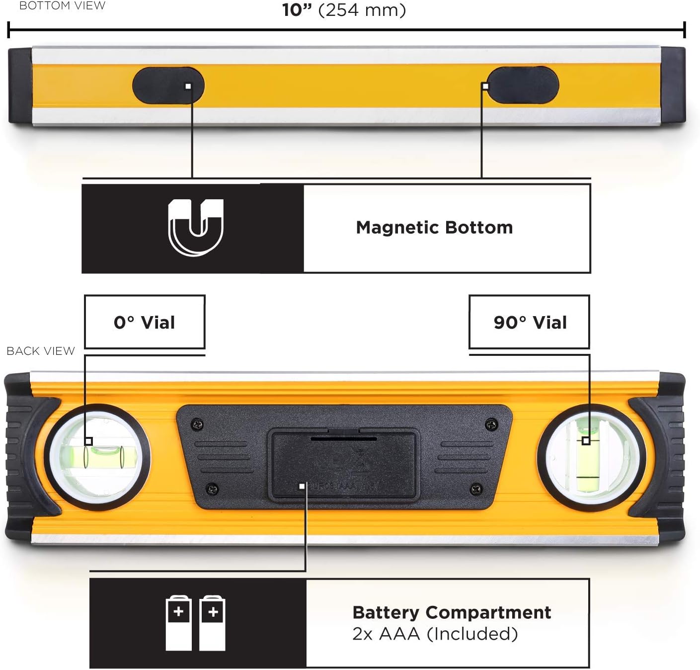 MOTORHEAD 10-Inch 0° - 180° SMART DIGITAL Level, LCD Screen, Audible Alerts, Water, Dust & Shock Resistant, Magnetic Bottom, Includes Bag, High-Visibility, Solid-Milled Aluminum, USA-Based Support