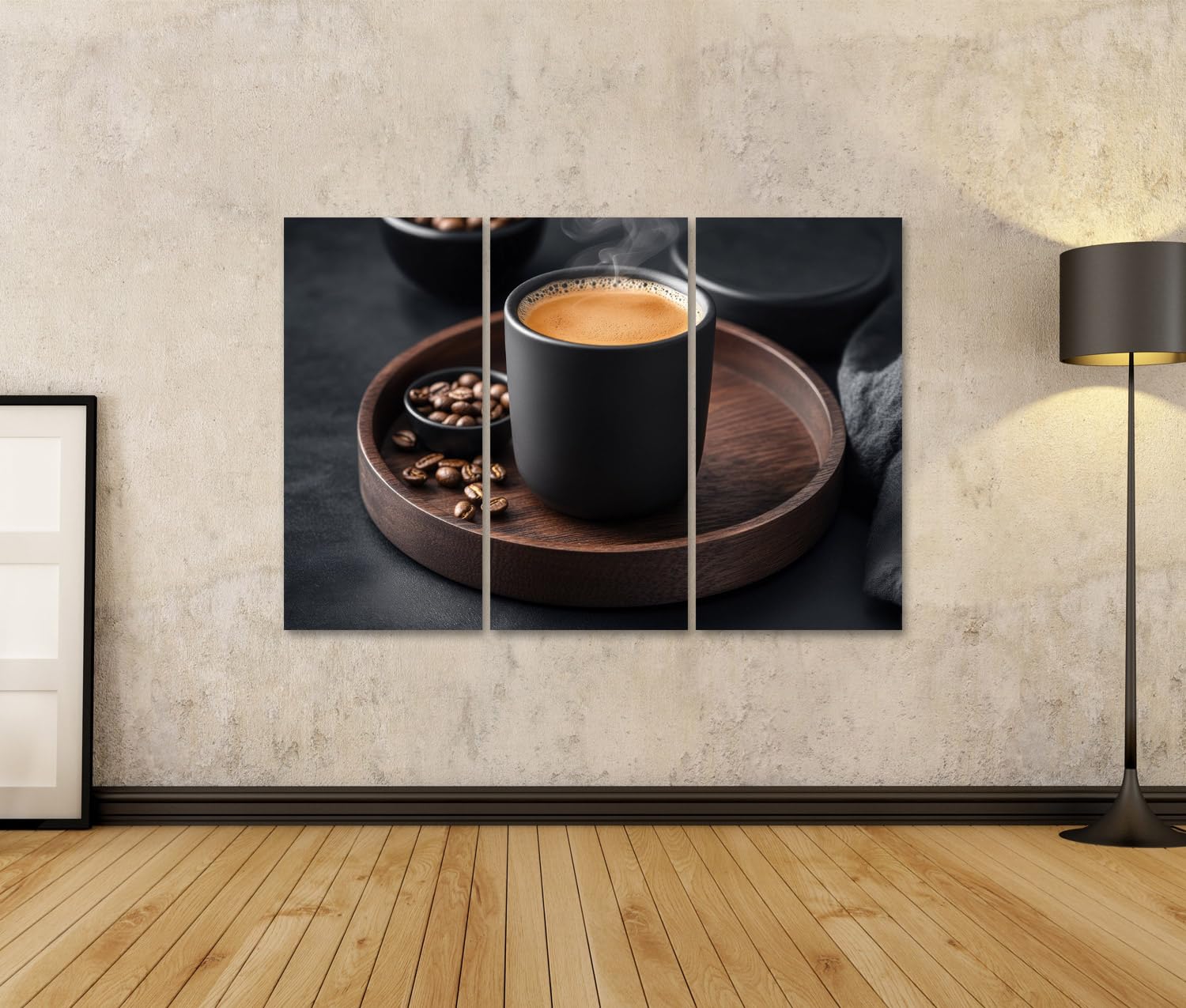 islandburner Cuadro sobre lienzo café de la mañana con granos de café en bandeja de madera cuadros cuadros murales póster