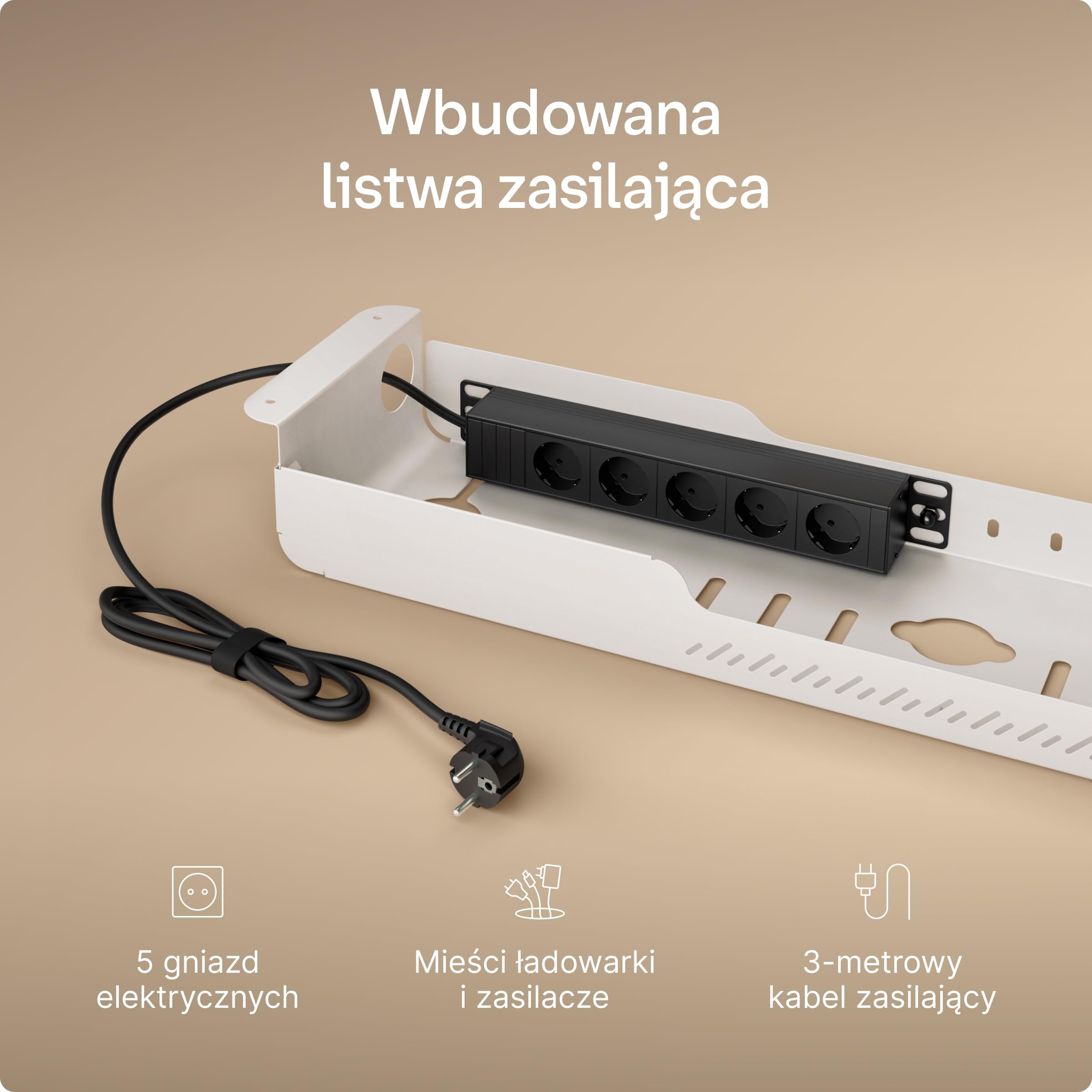 Cable Management Pro – Organizer kabli pod biurko z wbudowaną listwą zasilającą, stalowa tacka na kable z magnetyczną osłoną, wentylowana konstrukcja, łatwy montaż
