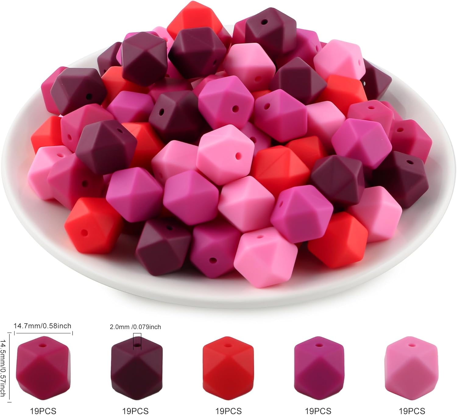 95pcs 14mm Hexagon Silicone Beads for Keychain Making Mix Color Bulk Polygon Silicone Beads for Pens and Bracelet Crafts(Red) - Image 2