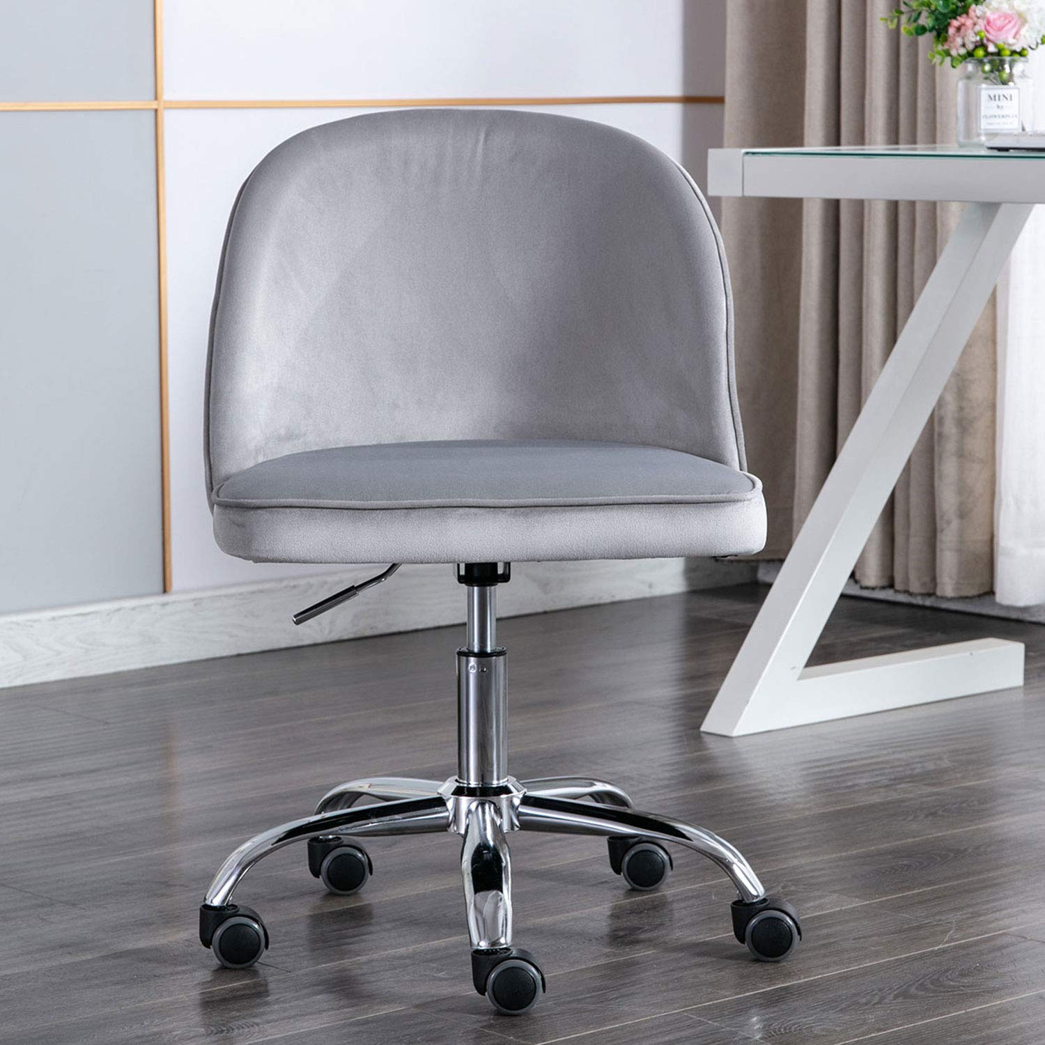 Modern Swivel Desk Chair Accent Velvet Office Chair, Adjustable Armless Chair Study Chair with 360 Degree Castor Wheels (Silver Gray)