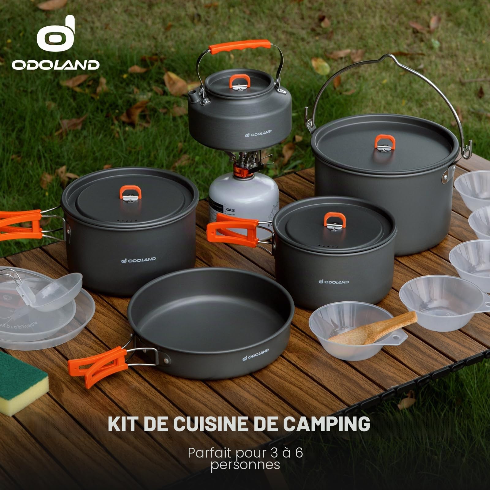 Odoland Set de Casseroles de Camping 16 Pièces, Set de Vaisselle Outdoor avec 3 Casseroles, Poêle à Frire et Bouilloire, Kit de Casseroles en Aluminium pour Le Camping, Voyage, Pique-Nique