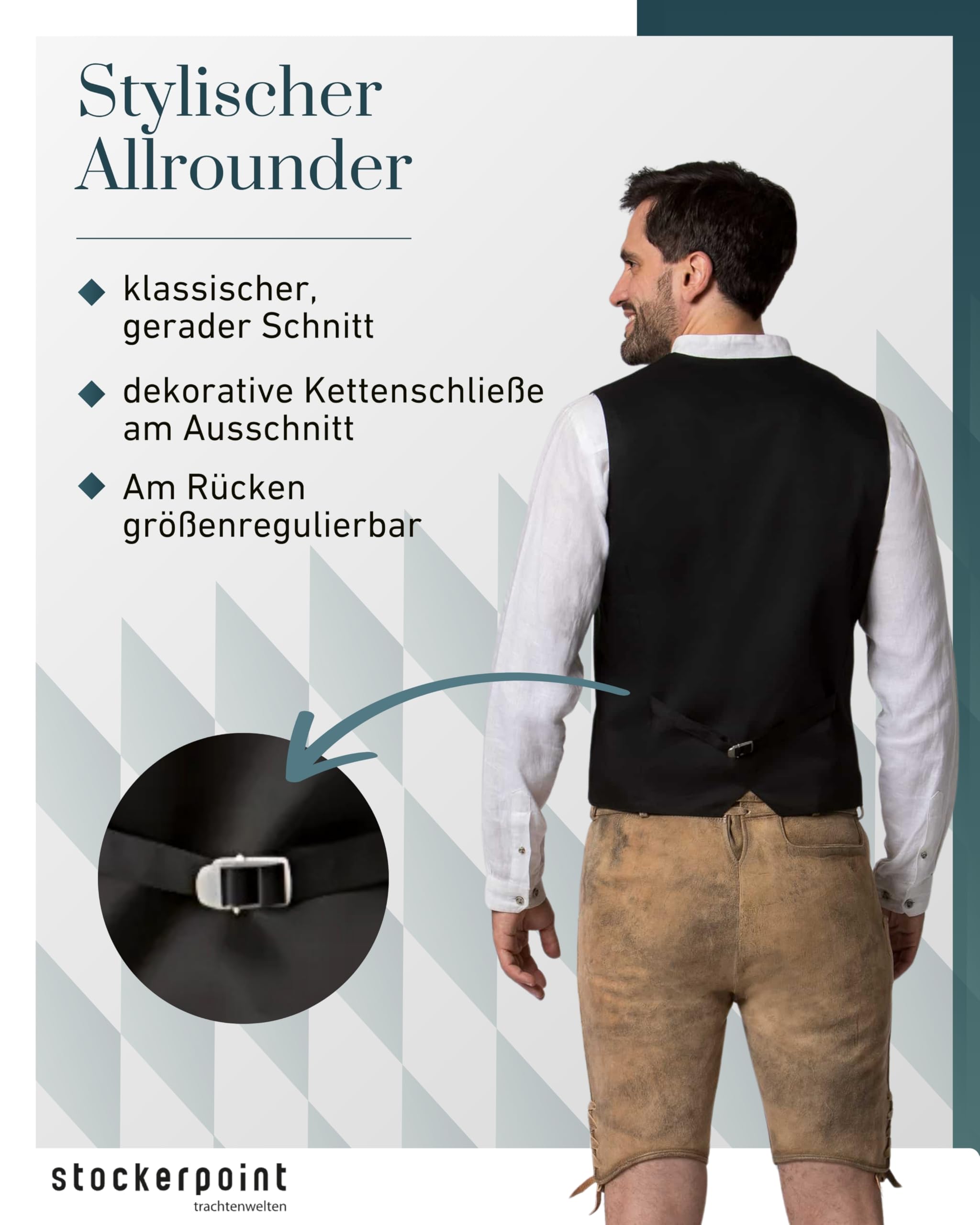 Stockerpoint Herren Trachtenweste Salerio I Größen 44-56 I Traditionelle & hochwertige Weste mit verstellbarem Riegel I Perfekt für Trachten & Festlichkeiten