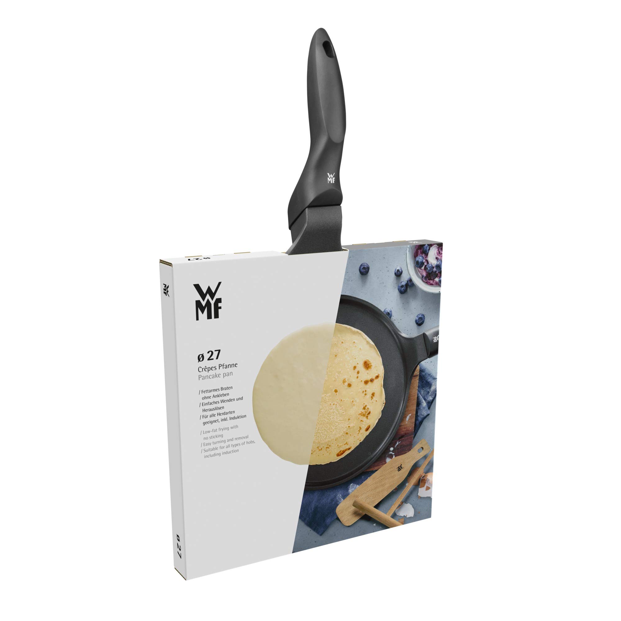 WMF Devil Poêle à crêpes 27 cm, Revêtement antiadhésif, Poêle induction en fonte d'aluminium, Poignée bakelite, Répartiteur et spatule à crêpe 0570044291