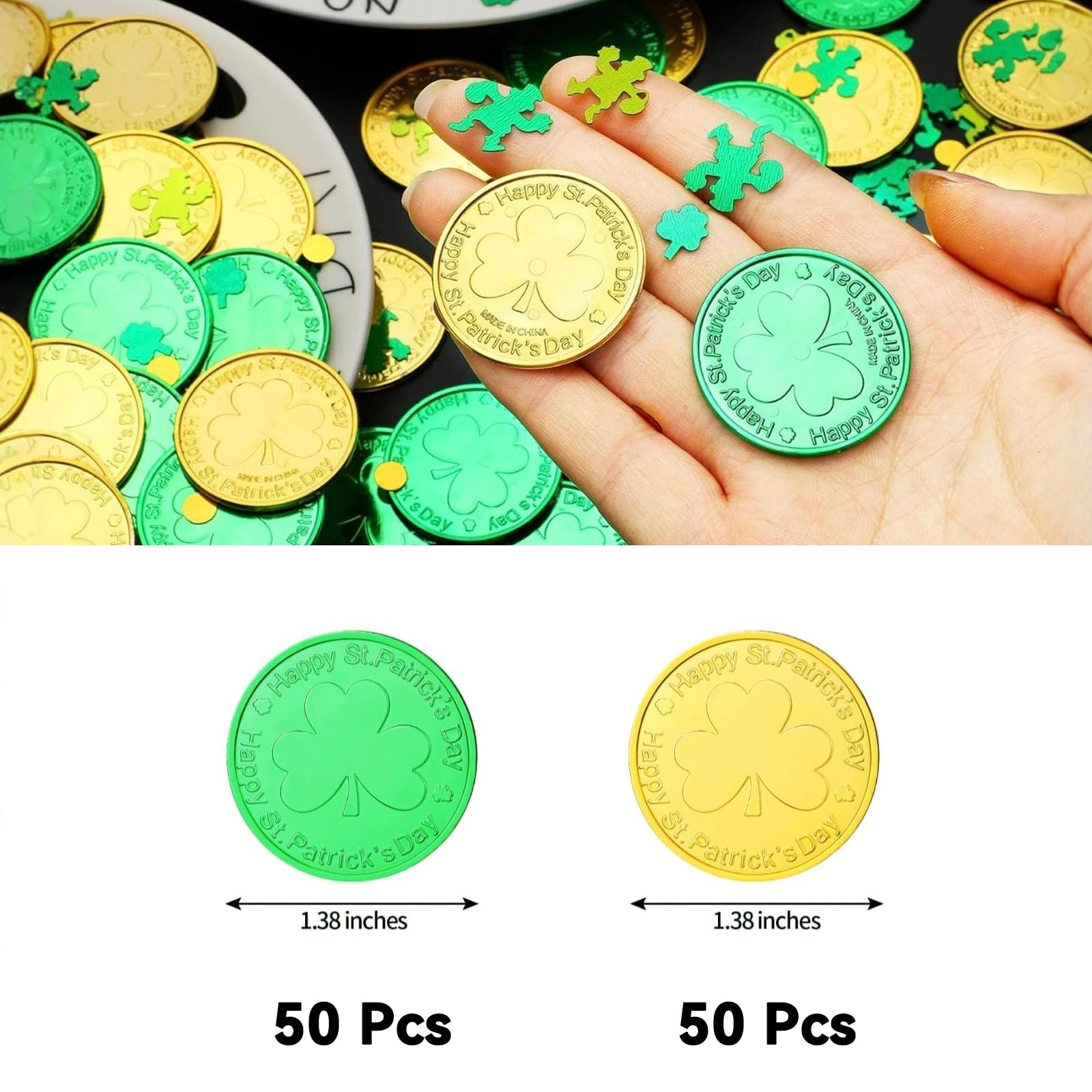 BHSTTNIXP 100PCS St. Patrick's Day Gold Lucky Coins, Plastic Shamrock Leprechaun Coins - Image 2