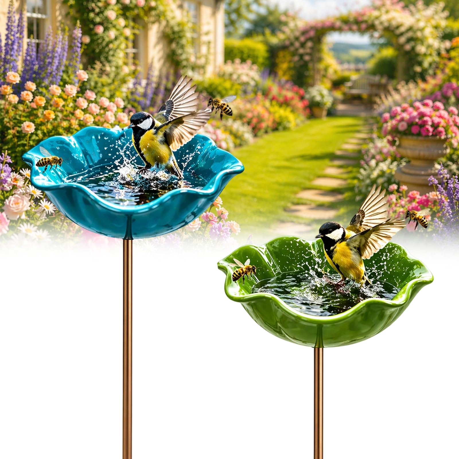 Handmade Metal Flower Garden Stake Bird Bath Bowl - Weather-Resistant Bee Watering Station & Flower Bird Feeder, Decorative Outdoor Metal Flowers for Yard Lawn Patio Decor (2Pcs-G)
