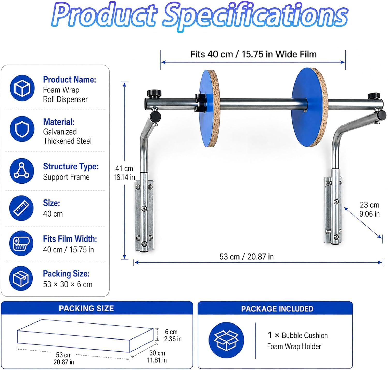 Dispenser per Rotolo di Pluriball, Supporto per Rotolo di Pluriball da 40 Cm (15,75 Pollici), Facile da Installare, Materiale per Tubi Zincato Ispessito, Non Facile da Arrugginire, per