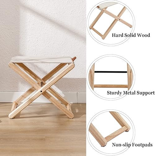 Miniatura 4 de Juego de 4 taburetes plegables de madera, de madera dura, de 18.5 pulgadas, taburete plegable portátil de pesca con soporte de metal resistente,