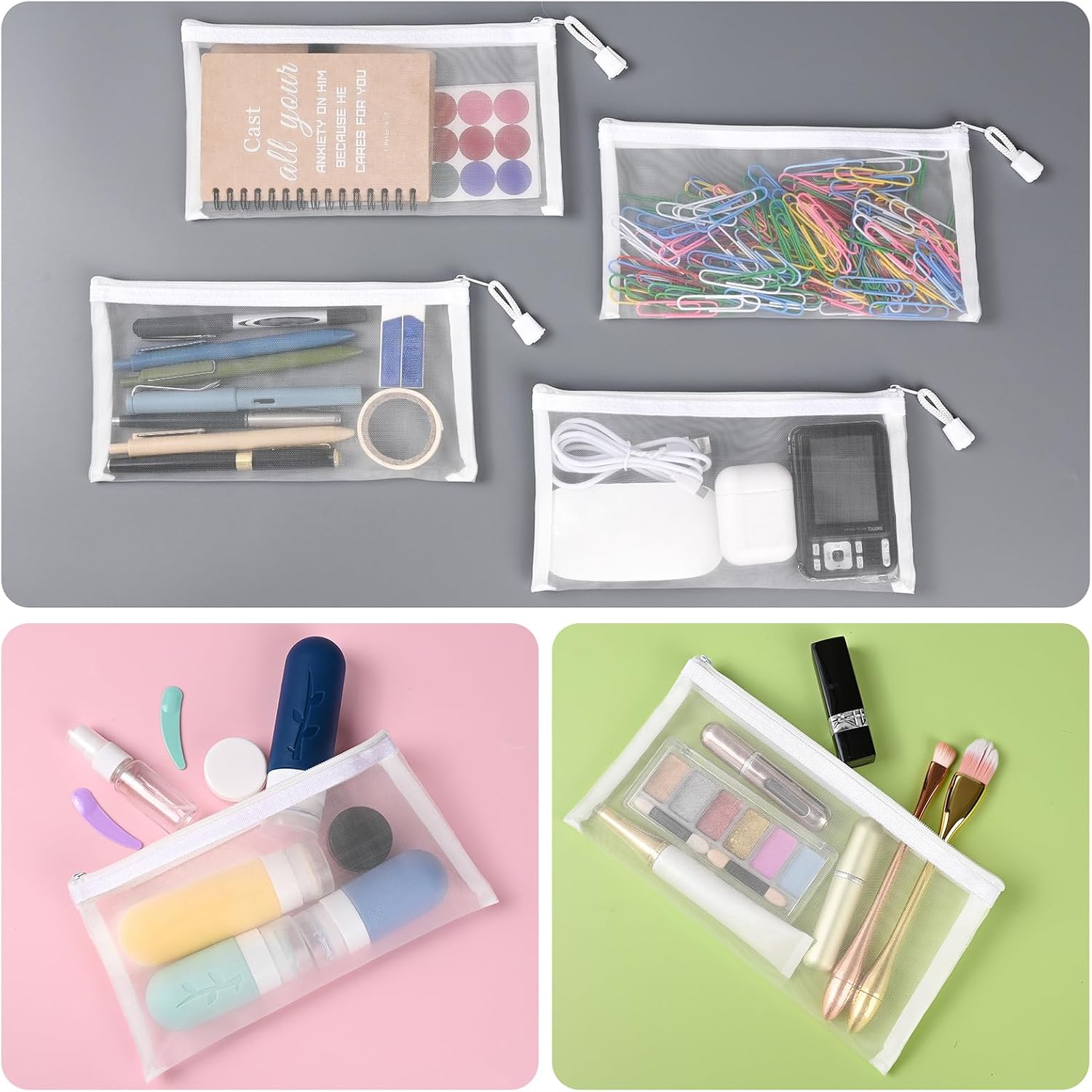 24 Pack Nylon Pencil Pouch Mesh Zipper Pouch Bags Clear Pencil Case,Small Makeup Bag Multipurpose Storage Bags for Cosmetic School Office Supplies and Travel Accessories - Image 7