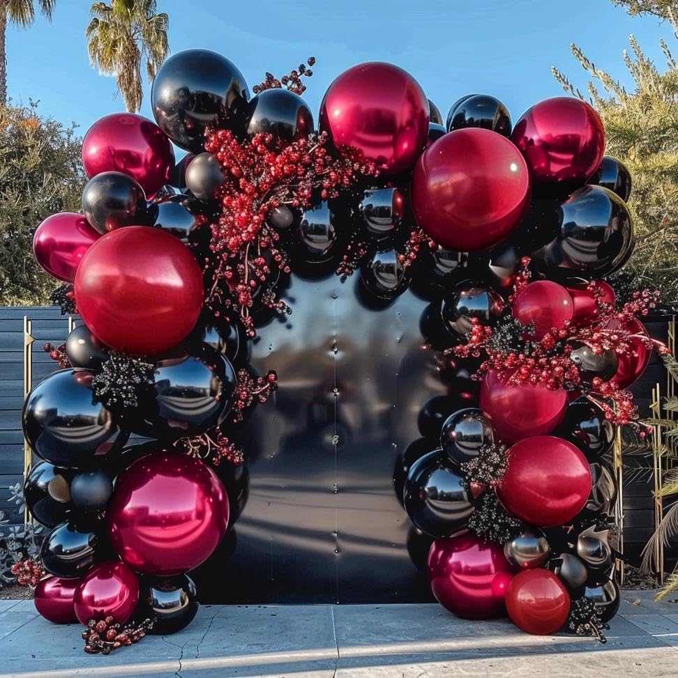 Image of Black Red Balloons Thick Double Stuffed Black Burgundy Balloon Garland Arch Kit for Gothic Vampire Till Death Do Us Rip To Twenties Halloween Birthday Party Decorations