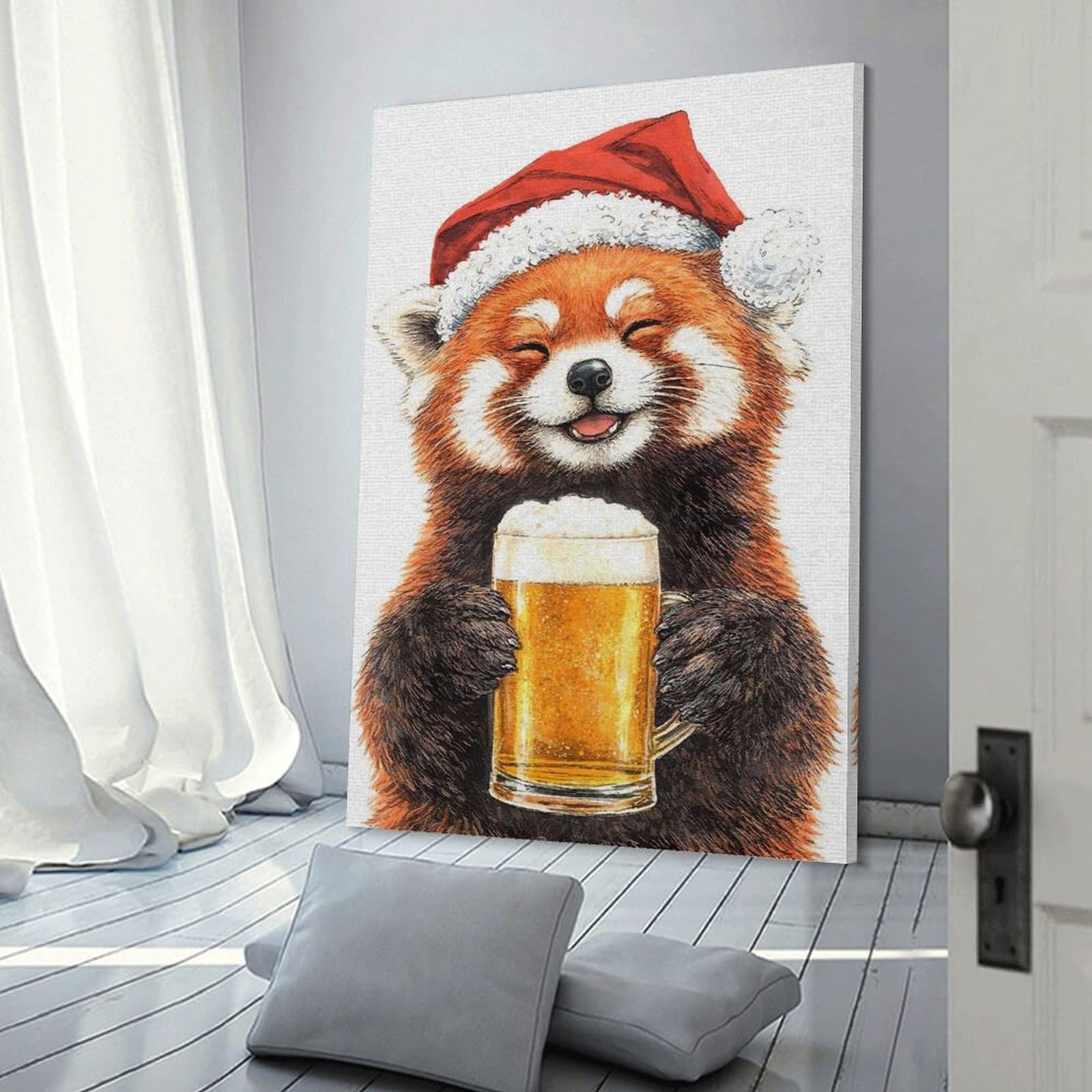 Junmoney Red Panda in Santa Hat with Beer Home Decor Wall Art 24x36inch(60x90cm), for Gallery Wall Layouts in Home Or Office, A Versatile Canvas Print for Layering