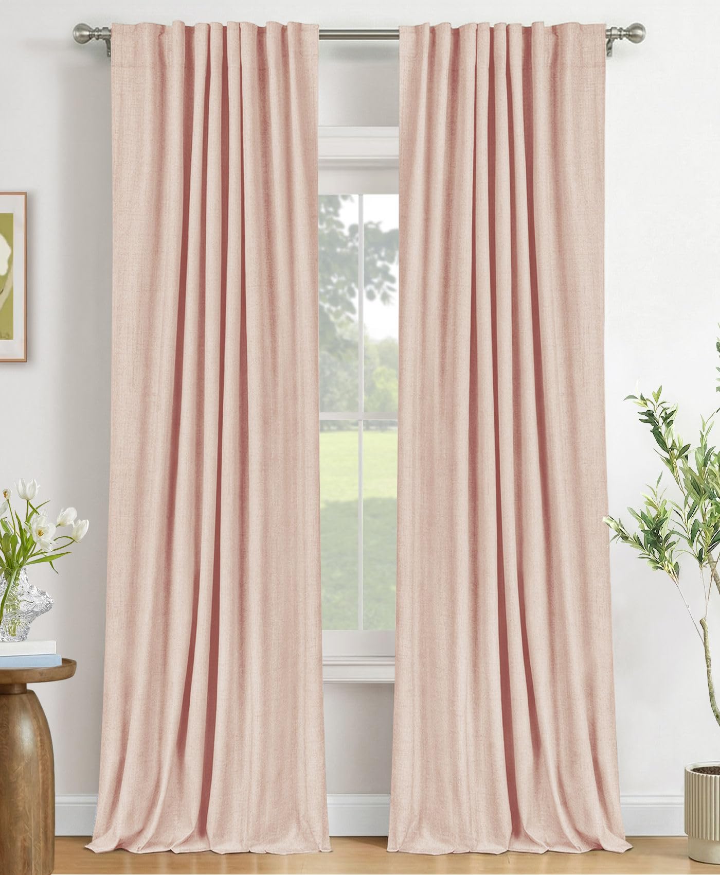 Faux Linen Total Blackout Curtains for Bedroom 84 Inch Long Creamy Peach