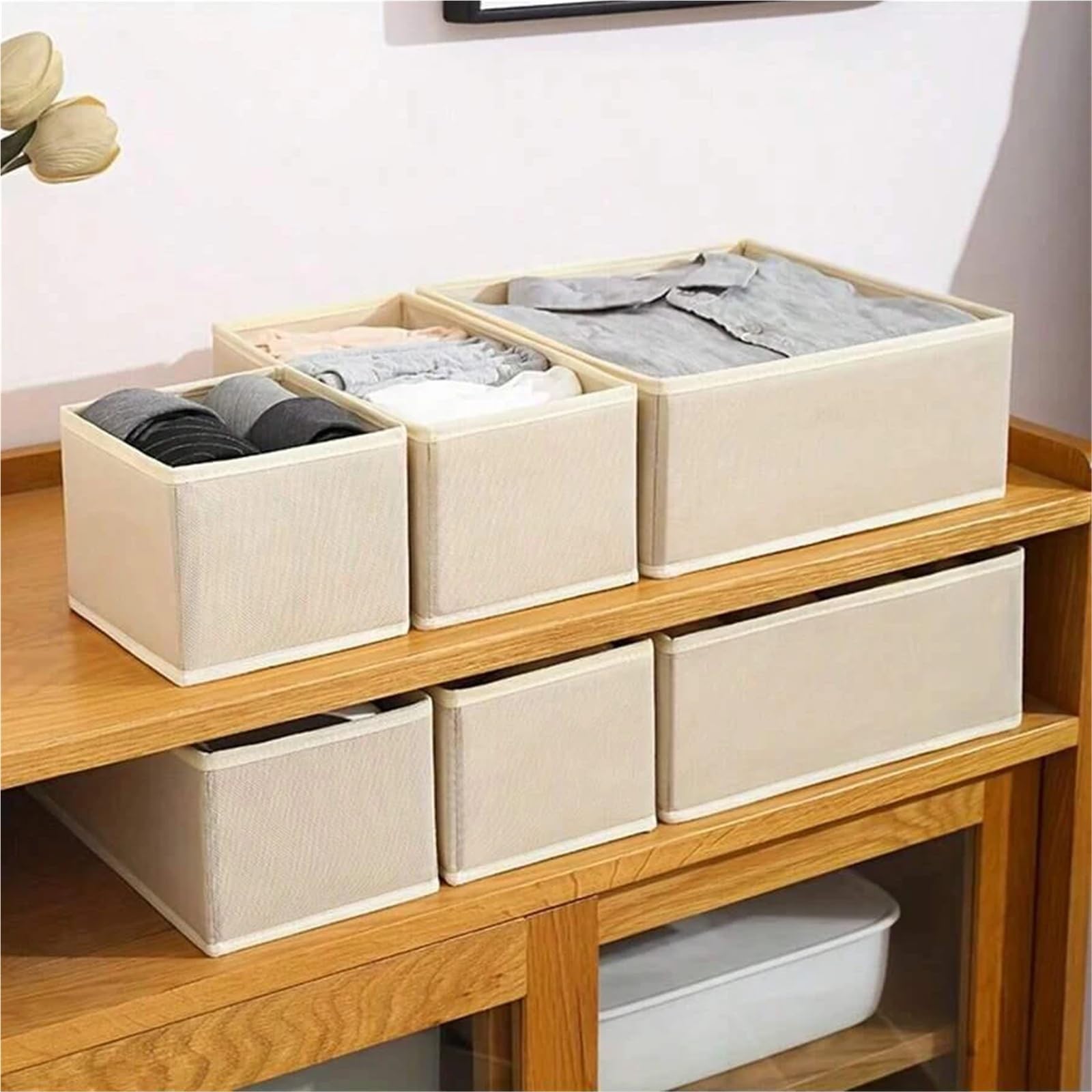 Organizador Calcetines Juego de organizador de ropa interior plegable de 6/12 piezas • Cajas de almacenamiento duras(12 pcs beige)