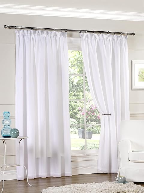 Emma Barclay Lined Pencil Pleat Voile Curtain Pair in White - Width 90 x Drop 72" (228 x 183cm),AALI9072WHT