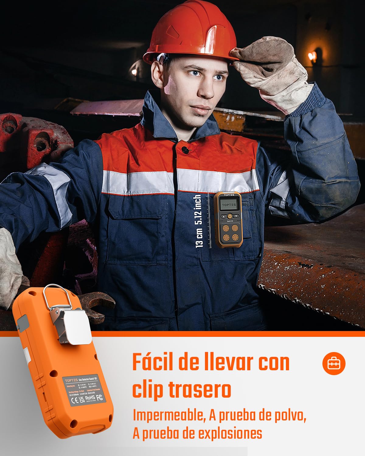 TopTes Guard-101 Detector de Gas, Monitor de 4 Gases para H2S, CO, LEL y O2, con Alarmas de Vibración, Visuales y Sonoras, 14h de Autonomía, Seguridad Antidesflagrante, para Trabajo y Casa - Naranja