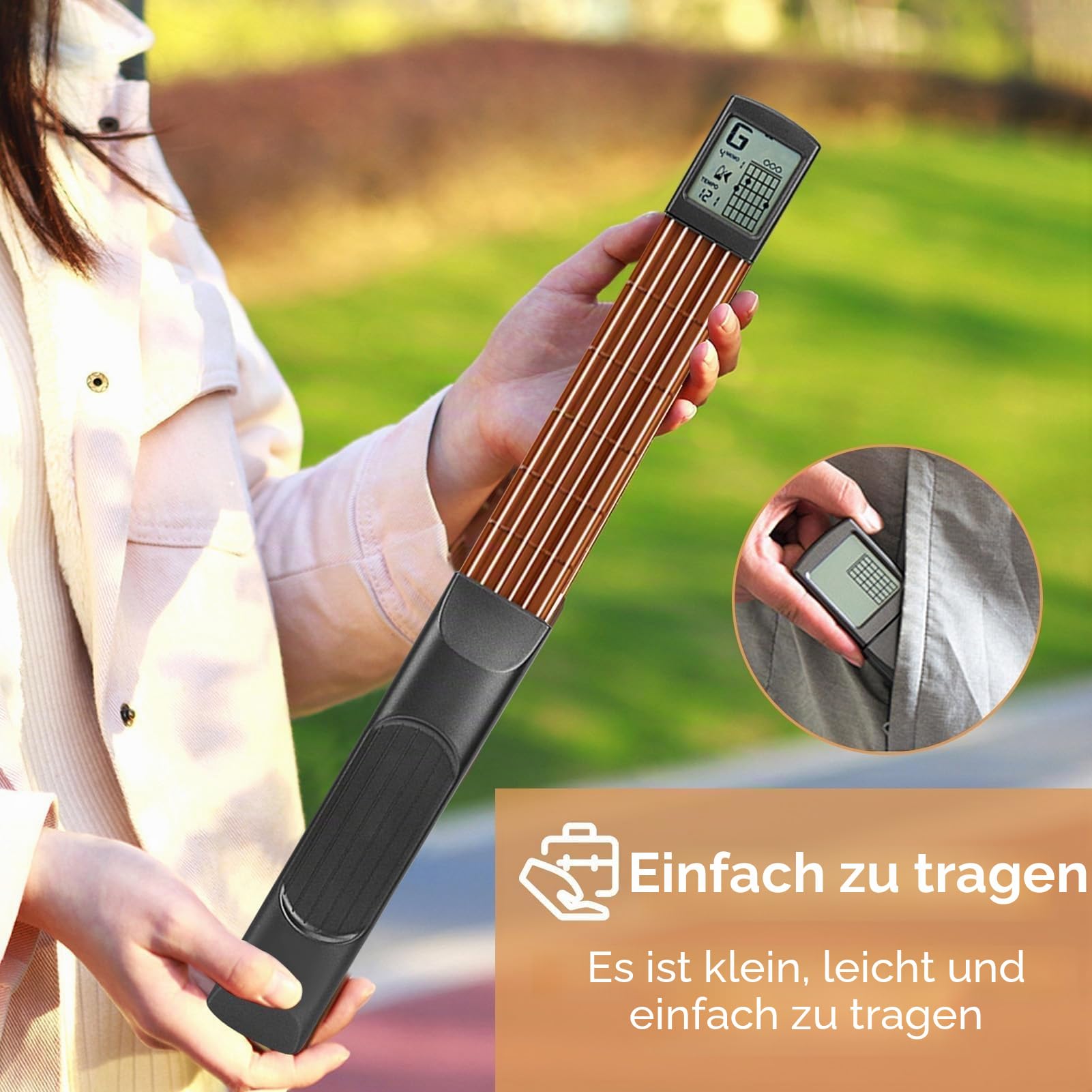 Taschengitarren Übungshals, 29x5x4cm/11,4x2x1,6 Zoll Mini 6-Bund Gitarren Übungswerkzeug Tragbares Akkordtrainer mit drehbarem Chart-Bildschirm Gitarren Akkord Trainer Hals Akkord Tool für Anfänger