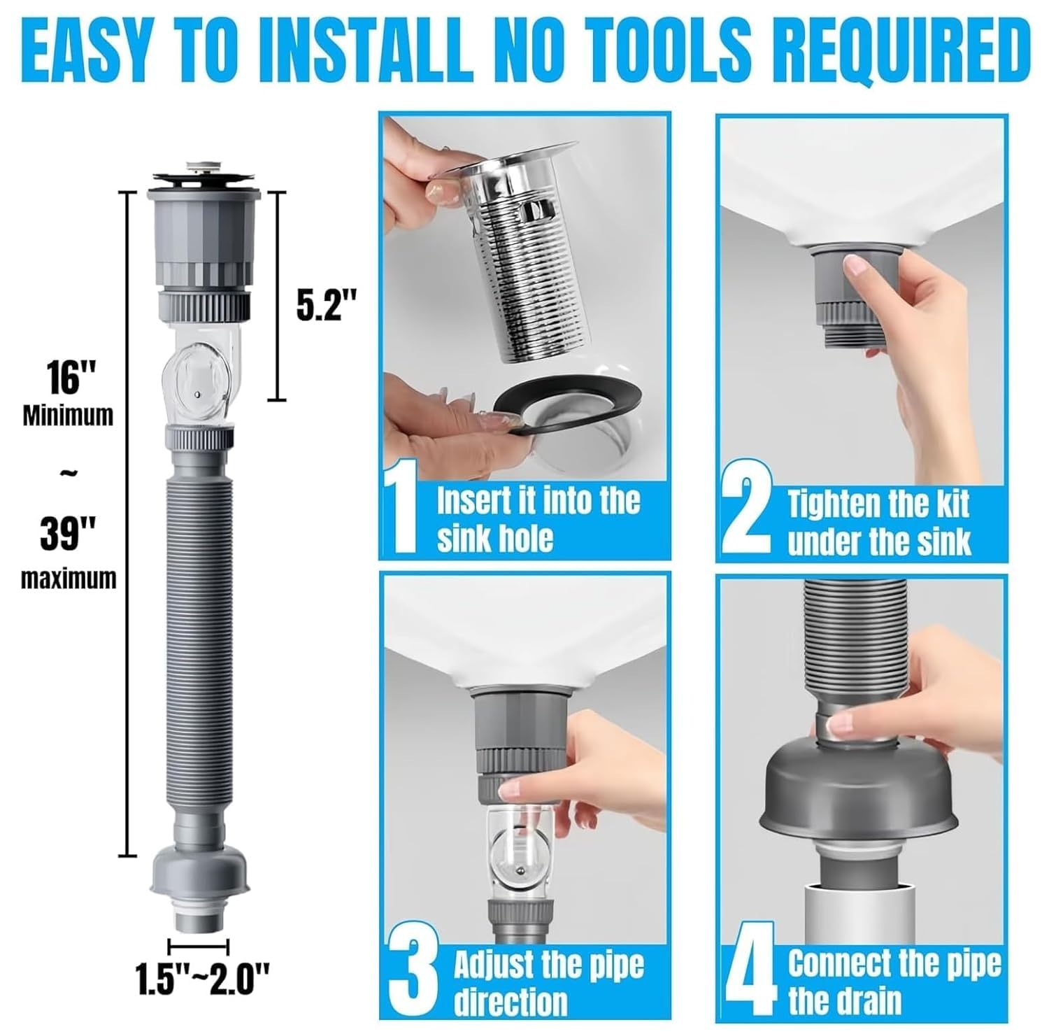 Wickston Adjustable Anti-Odor Sink Drainage Pipe Kit – Flexible Universal Waste Pipe with 304 Stainless Steel Strainer Plug, Rubber Sealing Gasket & Connector Nut – Fits Bathroom & Kitchen 3