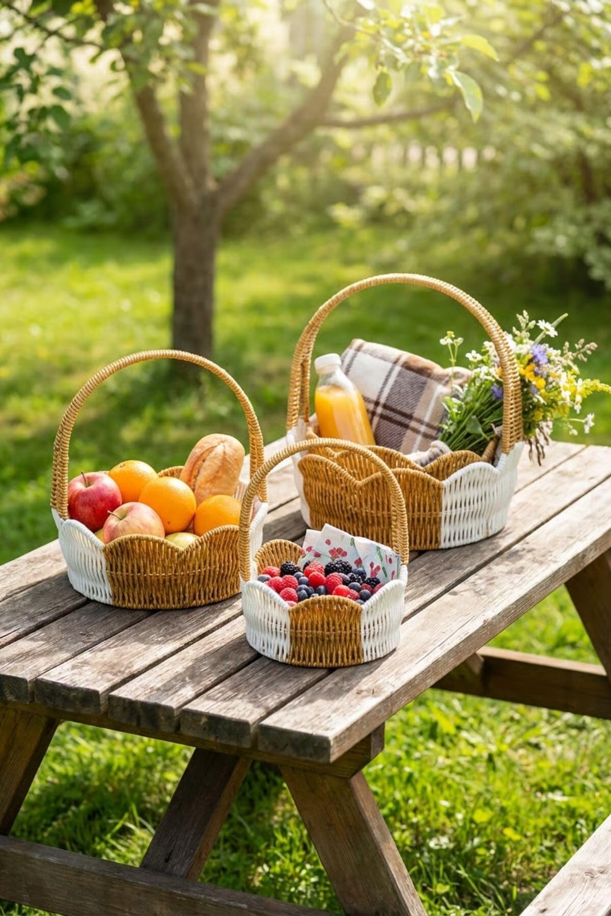 BUFFER İç İçe Geçebilen 3'lü Çift Renkli Yuvarlak Dalgalı Formlu Saplı Plastik Rattan Sepet Seti, Hasır Görünümlü Çok Amaçlı Organizerler, 18x7cm, 21x8cm, 24x9cm