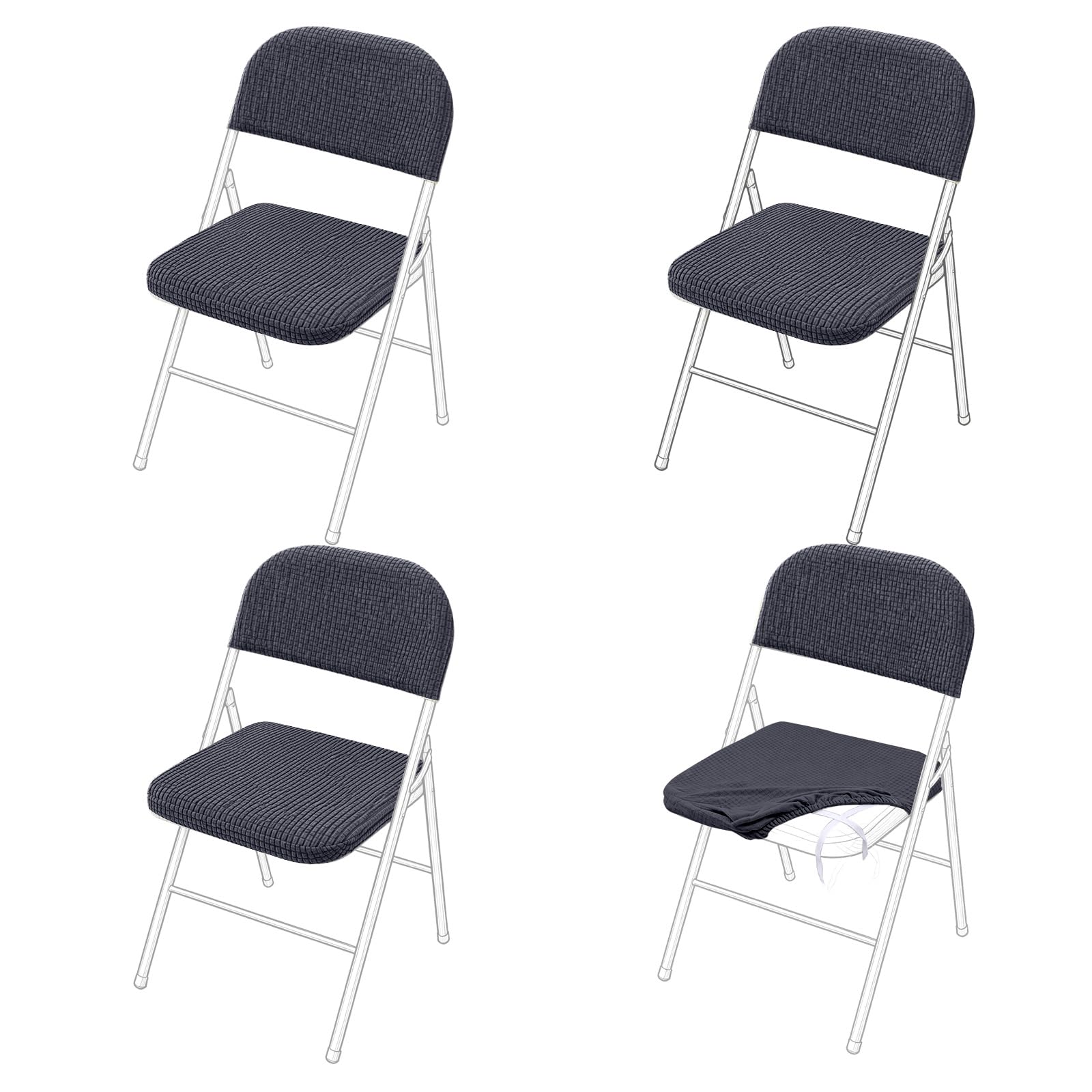 Sueving 4 Pack Folding Chair Covers, Dark Grey Folding Chair Seat Cover and Back Cover, Stretch Dining Chairs Slipcovers for Home, Garden (Dark Grey, 4pcs)