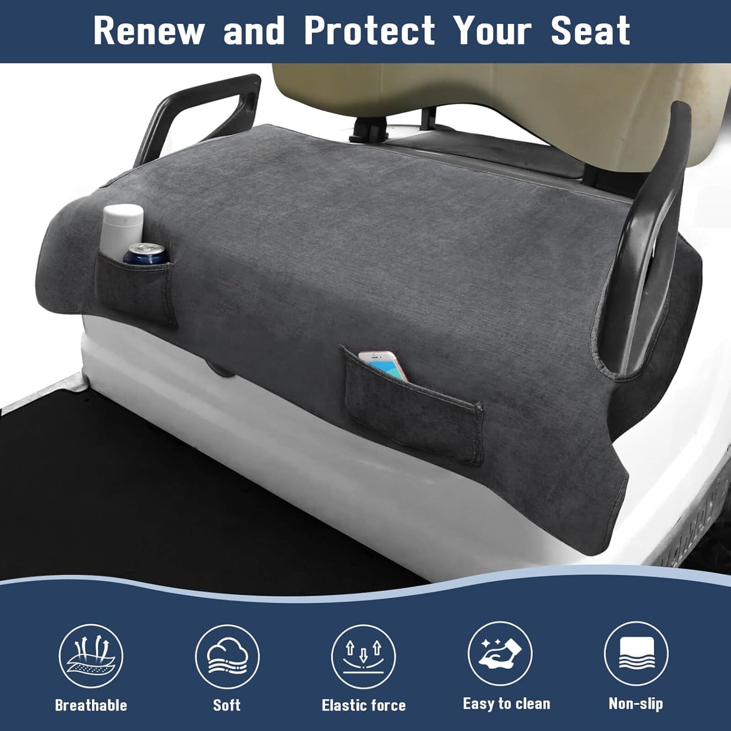 LEAGOMAX Golf Cart Seat Cover Yamaha, Breathable Heavy Duty Universal Golf Cart Seat Blanket Towel for Yamaha G2, G8, G9, G16, G19, G22 G29 Golf Carts with 2 Pockets for Your Golf Items