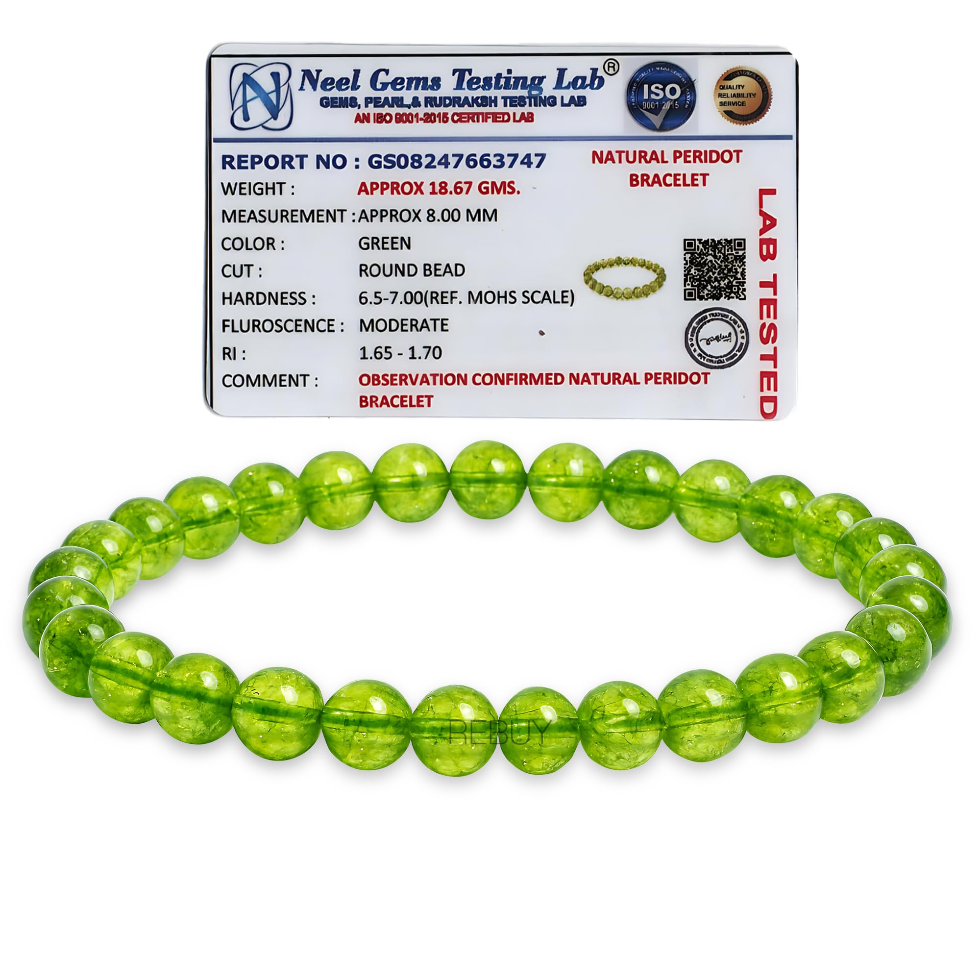 REBUY Peridot Bracelet Stone Of Prosperity Crystal Healing Bracelet Enhance Focus, Confidence and Motivation Gemstone Bracelet Jewelry for Men & Women, Color Green, Bead Size 8 mm, Lab Certificate