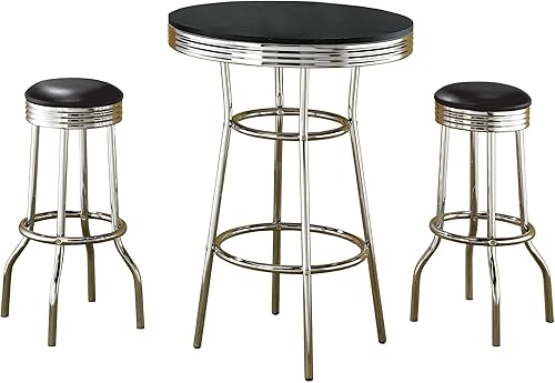 Miniatura 8 de Coaster Home Furnishings - Retro años 50 - Juego de bar de 3 piezas - Metal y laminado - Mesa redonda, patas cromadas y taburetes giratorios sin