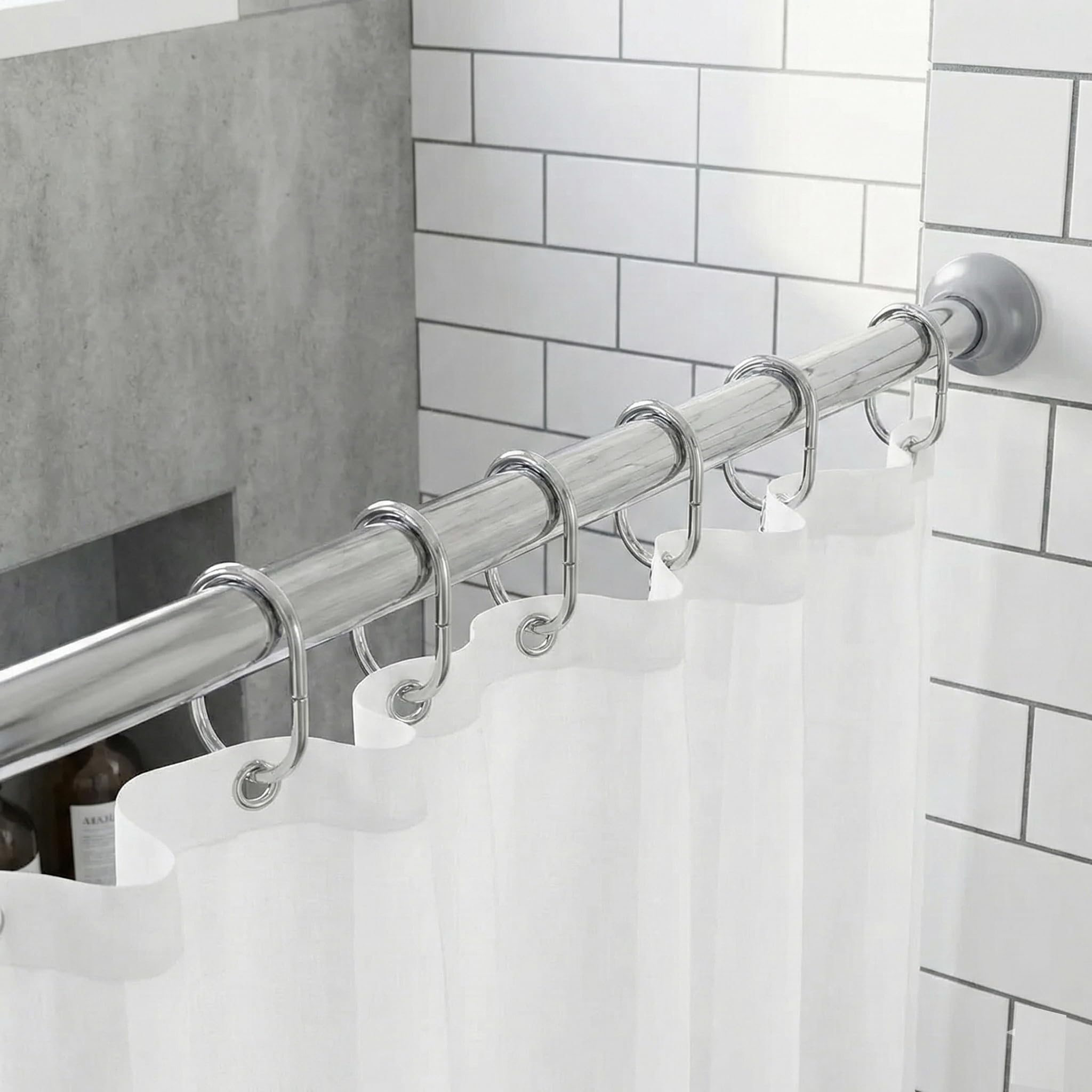 ECOSPA Extendable Shower Curtain Pole, Adjustable Shower Tension Rod, No Drill Telescopic Curtain Rail with Suction Cups Ends, 75-210cm/29.50-82.67 inches, Chrome