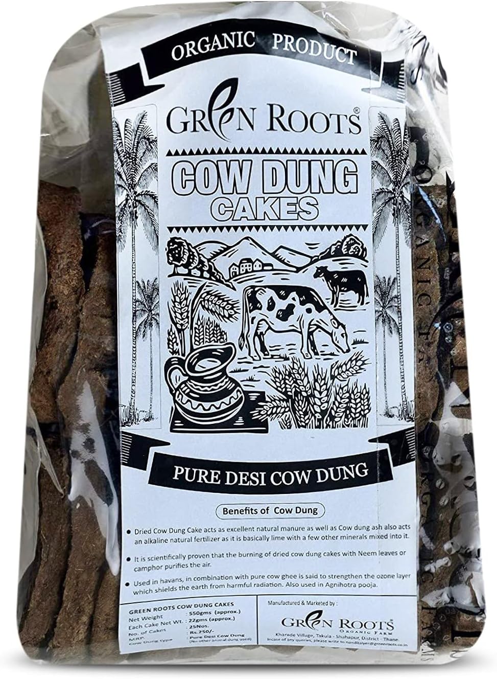 Green Roots Cakes Made from Indian Desi Cow's Dung 8cm (25 Pieces) 550gm Approx, Black