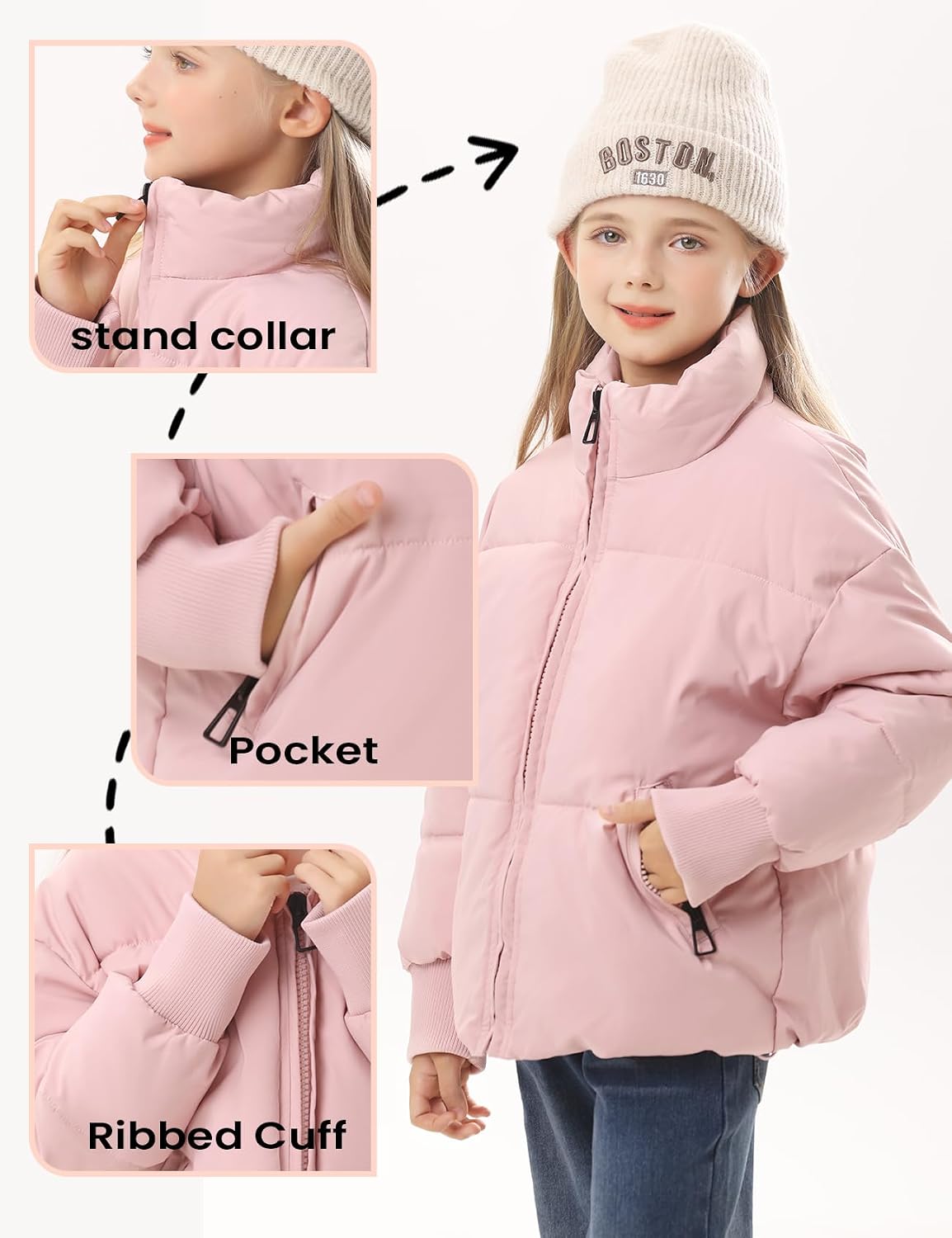 Girls Winter Puffer Jacket Warm Cropped Quilted Jacket Zip Up Puffy Coat 7-16 Years