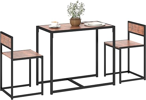 HOMCOM Juego de mesa de comedor industrial de 3 piezas para 2, mesa de cocina y sillas, juegos de comedor para espacios pequeños, color marrón