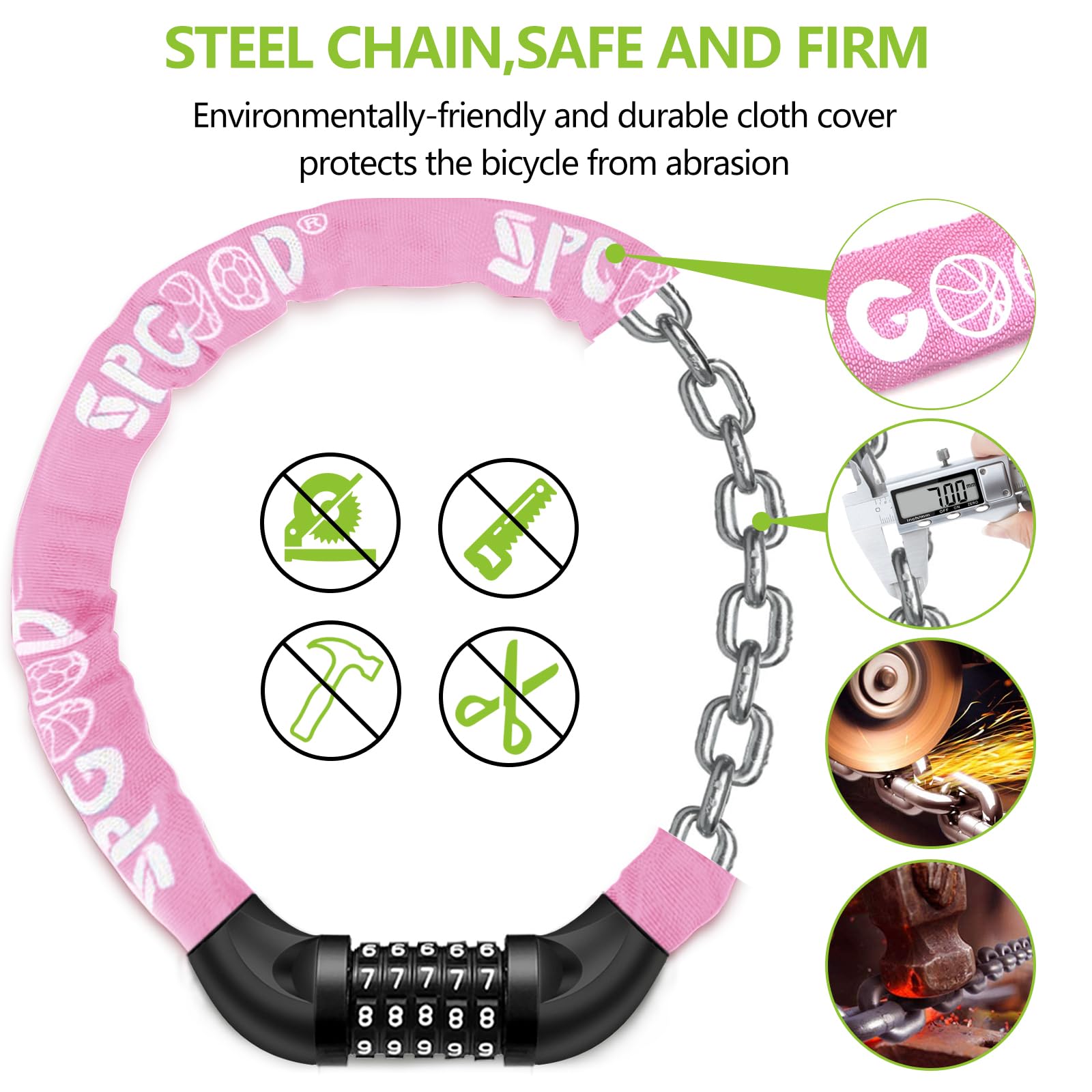 SPGOOD Lucchetto Bici Catena Bicicletta (14 Colori) Antifurto a Combinazione a 5 Cifre, per Bicicletta, Moto, Porta, cancello, Recinzione
