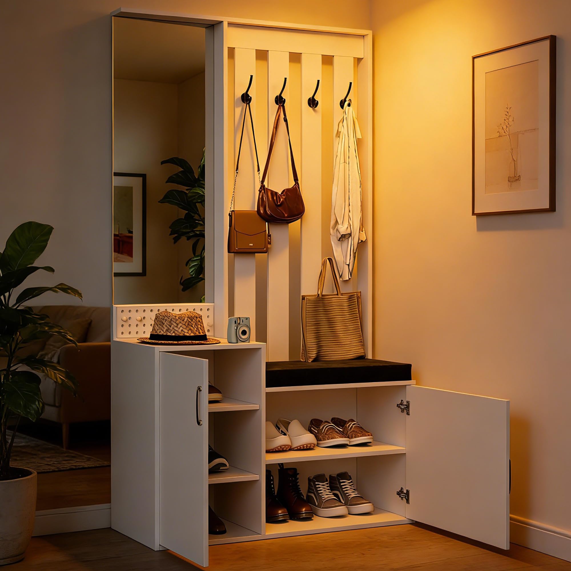 Mueble de entrada con banco y espejo, perchero 6 en 1 multifunción, almacenamiento de zapatos, 4 ganchos, estantería, ahorro de espacio para espacio pequeño, blanco (180 x 100 x 40 cm)