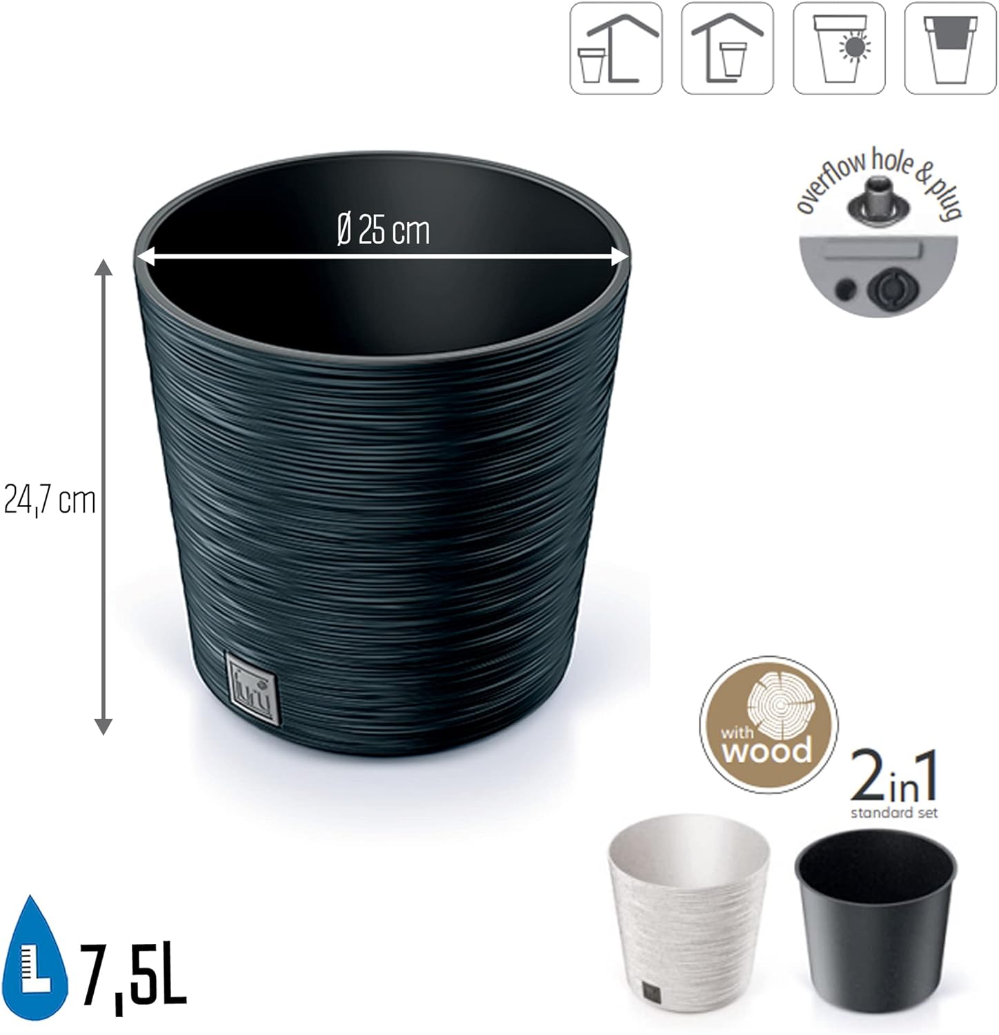 Prosperplast Furu Collection 25 x 25 x 24.5 cm Anthracite Pot with Reservoir, 7.5 L Capacity, 25 x 25 x 24,7 cm