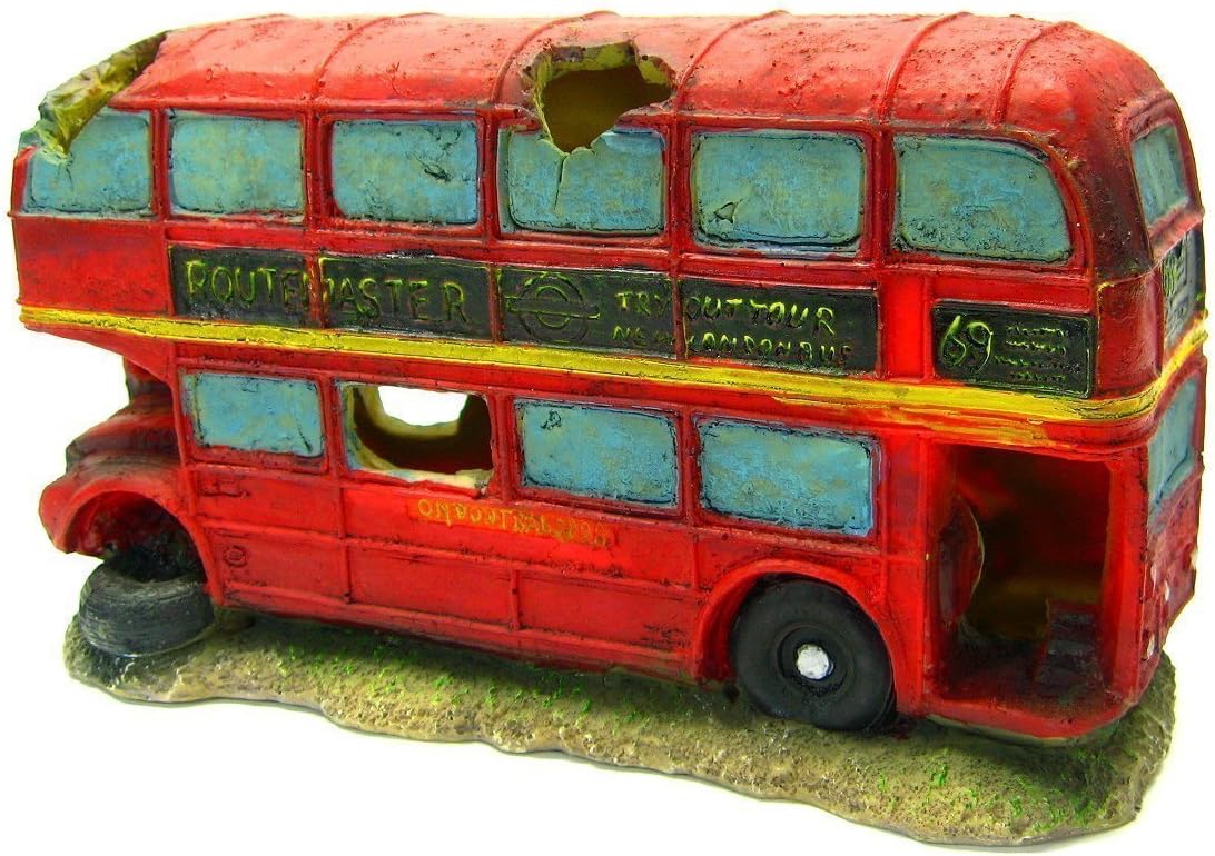 Double-decker bus Aquarium Ornament 8.7"- red car decoration fish tank cave hide