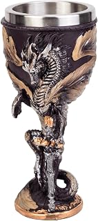 Medieval Flame Dragon Holding Sword Goblet Resin Wine Cup with Stainless Steel Lining Unique Hand-Painted Cup Father's Day Gift (BM030-6)