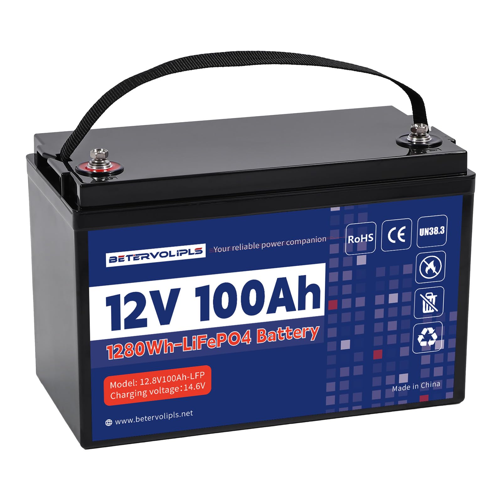 12V 100Ah Lithium LiFePO4 Battery with 100A BMS,Max.1280Wh Energy with 4000-15000 Cycles,10 Years Lifetime,Portable Battery Perfect for Trolling Motor