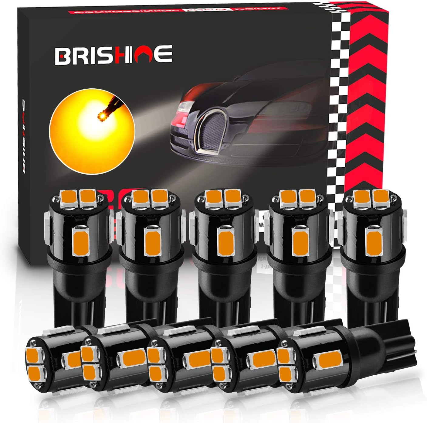 194 LED Bulbs Extremely Bright Amber Yellow 5630 Chipsets 168 2825 175 T10 W5W LED Replacement Bulbs for Car Interior Map Dome Door Courtesy License Plate Lights(Pack of 10)