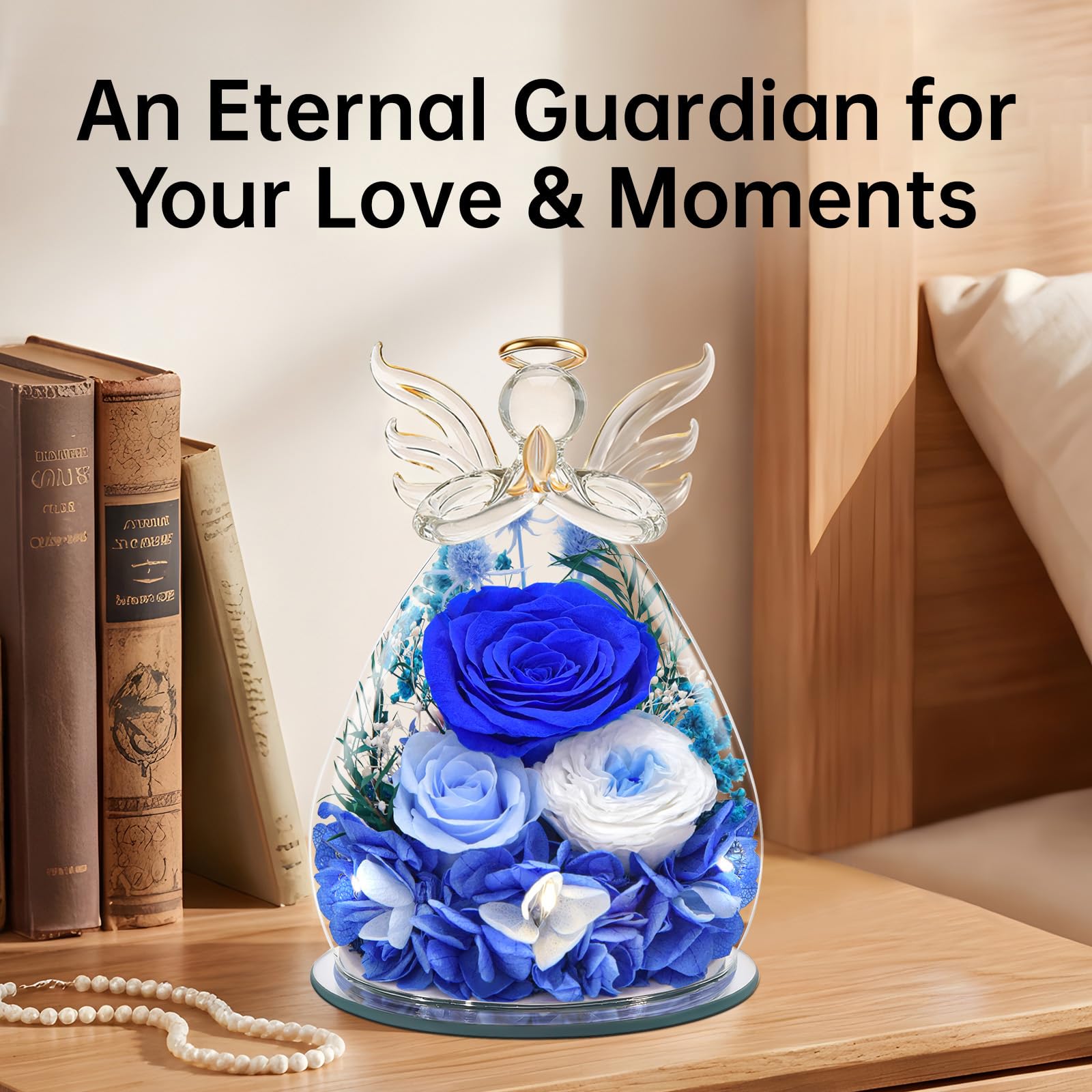 Regalos de Angel Rosa Eterna para Mamá, Regalo para Madre Abuela Novia, Regalo del Día de la Madre Flor Eterna con LED (1 Azul + 1 Azul Claro + 1 Rosa Blanca)