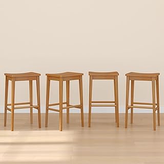 Plank+Beam Smythe Bar Stool, 30", Set of 4, Sturdy Wood Modern Kitchen Bar Height Stool, Saddle Seat Backless Bar Chair, Metal Footrest, Pecan