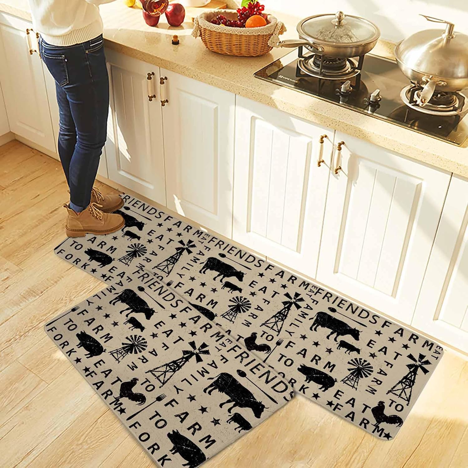 Brown Wooden Kitchen Rugs and Mats Set of 2, Non-Slip Kitchen Sink Mat, Vintage Elegant Pastoral Animals Retro Art Washable Doormat Bathroom Rugs Runner for Bedroom/Living Room 15.7"x23.6"+15.7"x47.2"