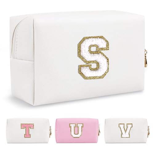 Pequeña bolsa de maquillaje personalizada con inicial A-Z Preppy, bolsa de cosméticos de viaje de felpilla blanca con cremallera, bonita bolsa de