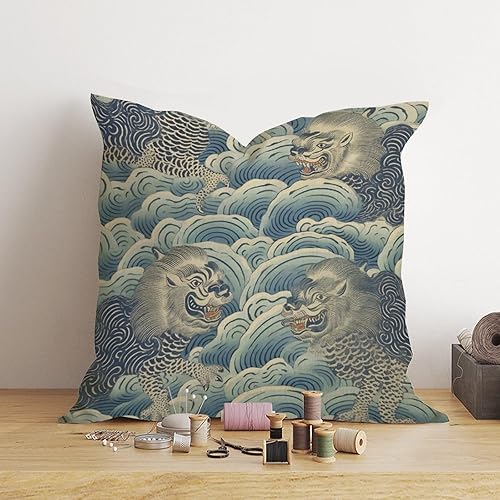 Miniatura 4 de Fundas de almohada de nube de tigre azul, funda de cojín azul Tibet Tiger de 26 x 26 pulgadas, funda de almohada de inspiración asiática Eurosham