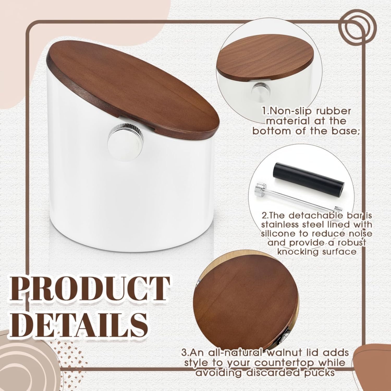 Espresso Knock Box with Walnut Lid for Coffee Grounds, Espresso Machine Accessory, Easy Disposal of Coffee Pucks, Removable Knock Bar(White,Round)